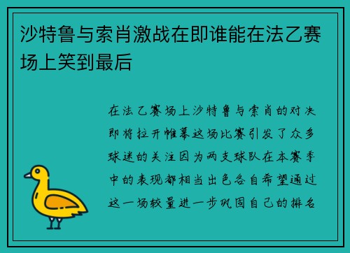 沙特鲁与索肖激战在即谁能在法乙赛场上笑到最后